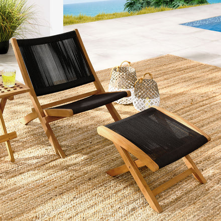 Vienna 2-Piece Outdoor Patio Teak and Rope Folding Accent Lounge Chair and Ottoman Set in Natural Black
