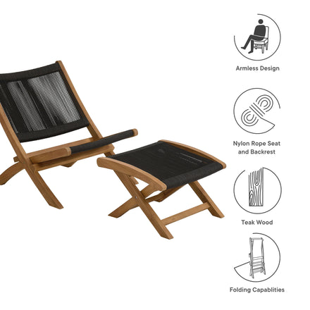 Vienna 2-Piece Outdoor Patio Teak and Rope Folding Accent Lounge Chair and Ottoman Set in Natural Black