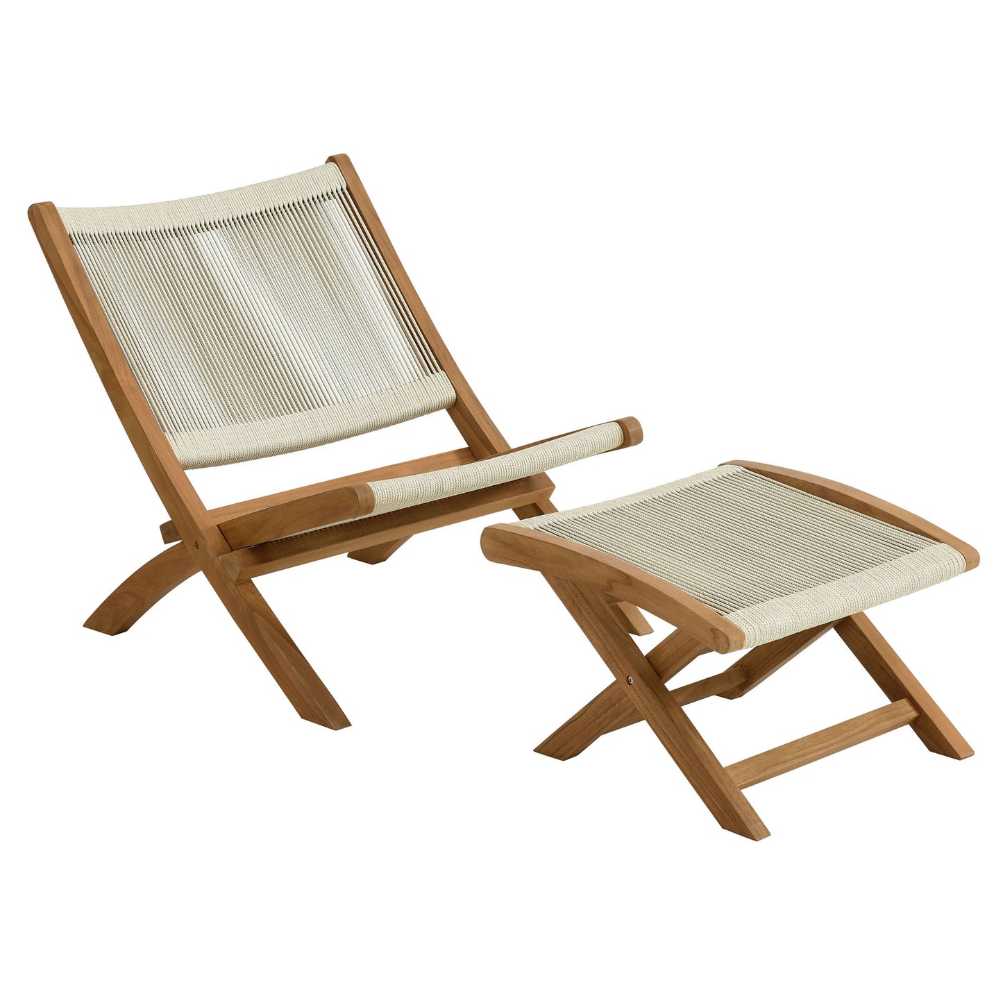 Vienna 2-Piece Outdoor Patio Teak and Rope Folding Accent Lounge Chair and Ottoman Set by Furniture for America