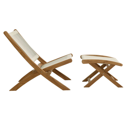 Vienna 2-Piece Outdoor Patio Teak and Rope Folding Accent Lounge Chair and Ottoman Set in Natural Natural