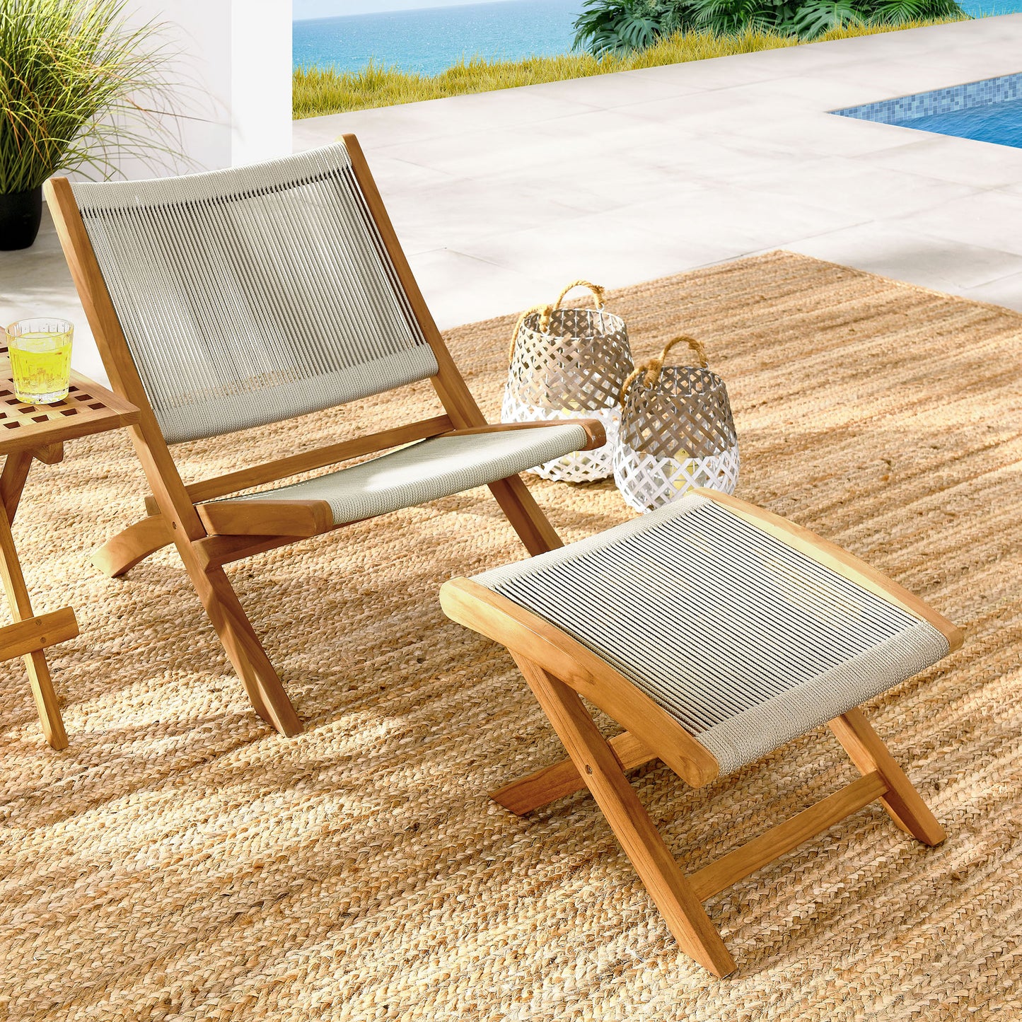 Vienna 2-Piece Outdoor Patio Teak and Rope Folding Accent Lounge Chair and Ottoman Set by Furniture for America