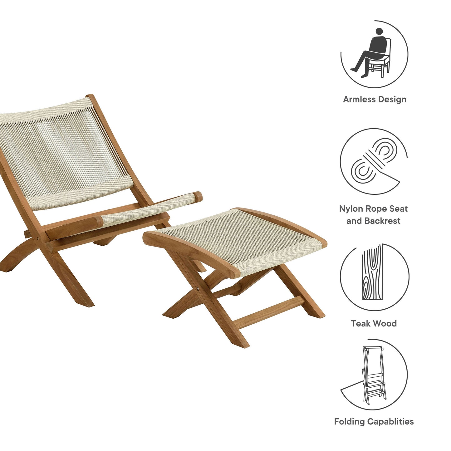 Vienna 2-Piece Outdoor Patio Teak and Rope Folding Accent Lounge Chair and Ottoman Set by Furniture for America