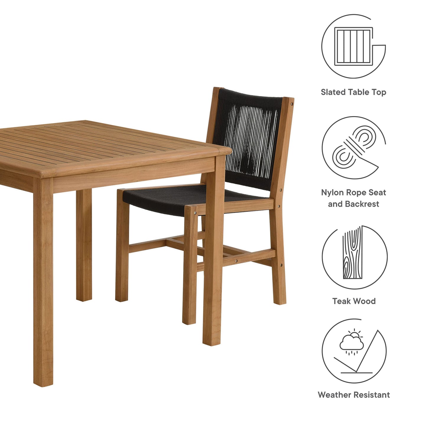 Vienna 3-Piece Outdoor Patio Teak and Rope Dining Set with Armless Chiars by Furniture For America