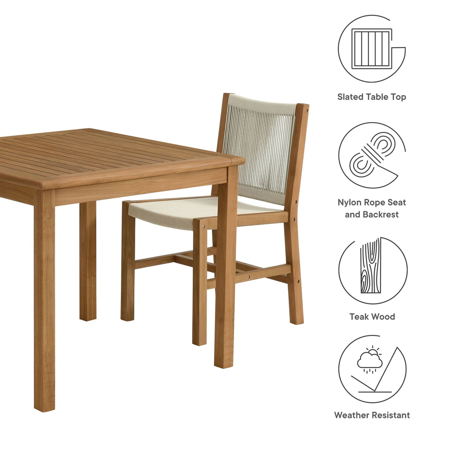 Vienna 3-Piece Outdoor Patio Teak and Rope Dining Set with Armless Chiars by Furniture For America
