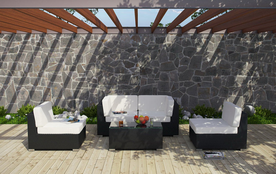 Lleucu 5 Piece Outdoor Patio Sectional Set in Espresso White