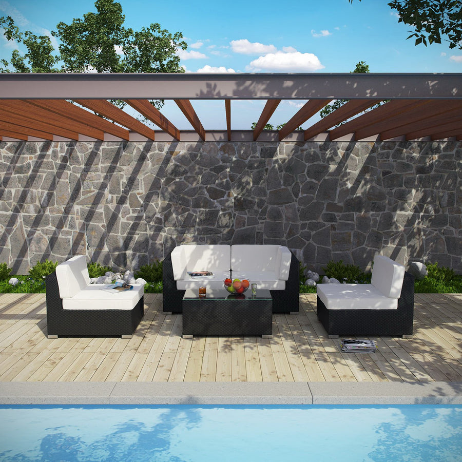 Lleucu 5 Piece Outdoor Patio Sectional Set in Espresso White