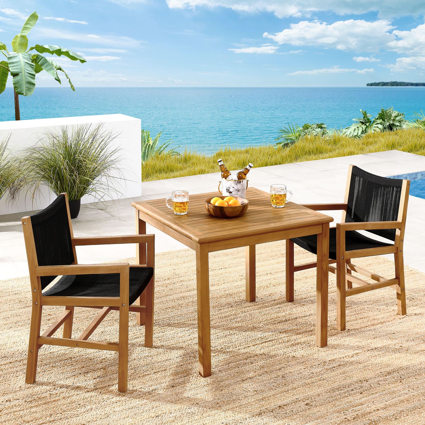 Vienna 3-Piece Outdoor Patio Teak and Rope Dining Set with Armchairs by Furniture For America