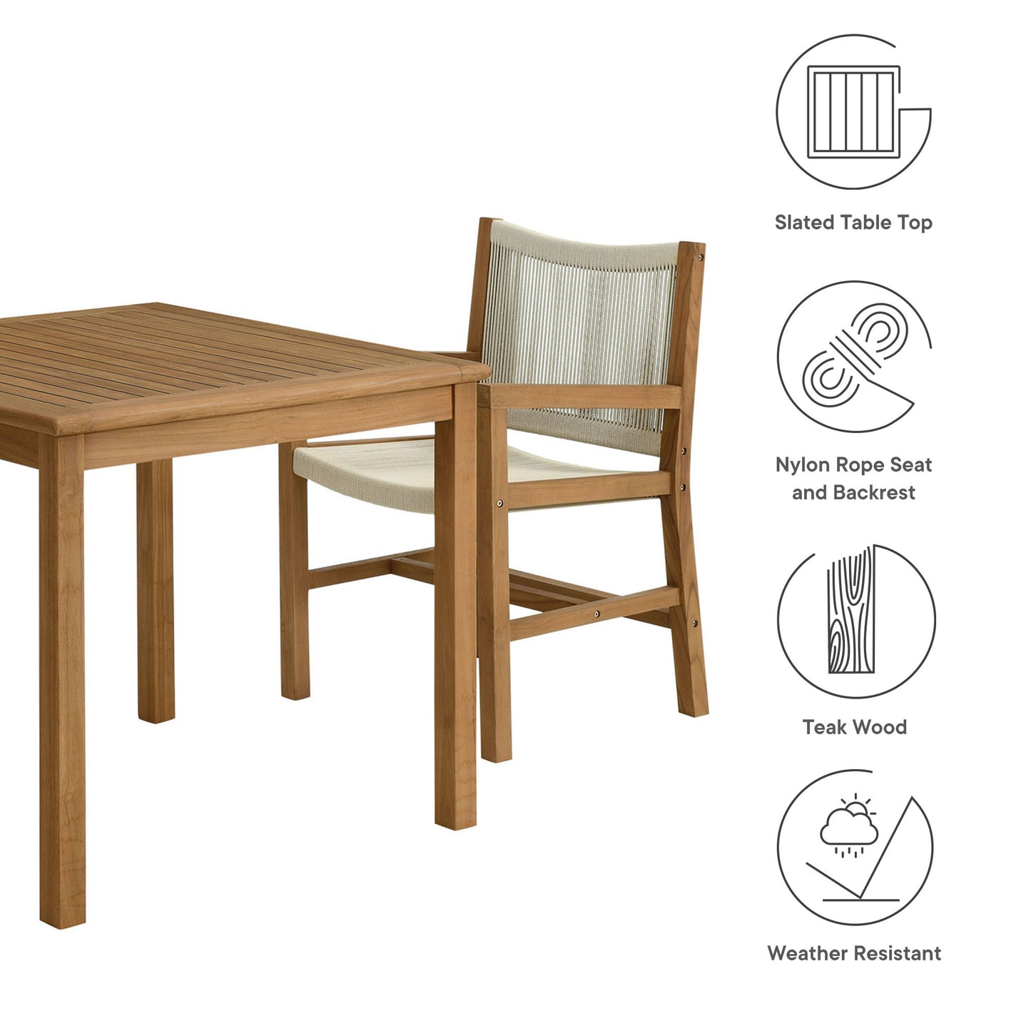 Vienna 3-Piece Outdoor Patio Teak and Rope Dining Set with Armchairs by Furniture For America