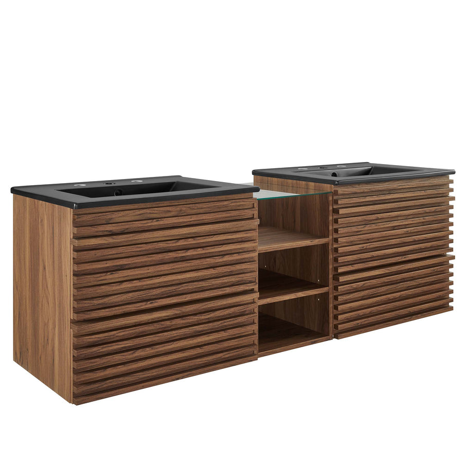Vera 62" Wall-Mount Double Sink Bathroom Vanity in Walnut Black