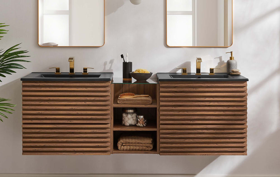 Vera 62" Wall-Mount Double Sink Bathroom Vanity in Walnut Black