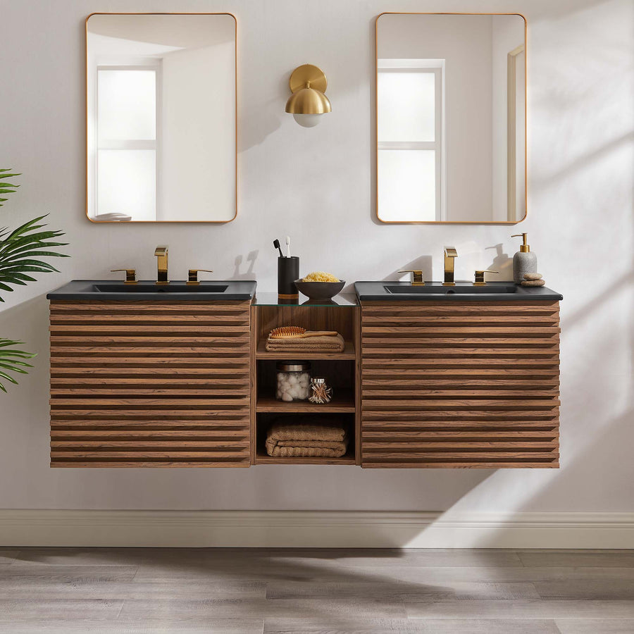 Vera 62" Wall-Mount Double Sink Bathroom Vanity in Walnut Black