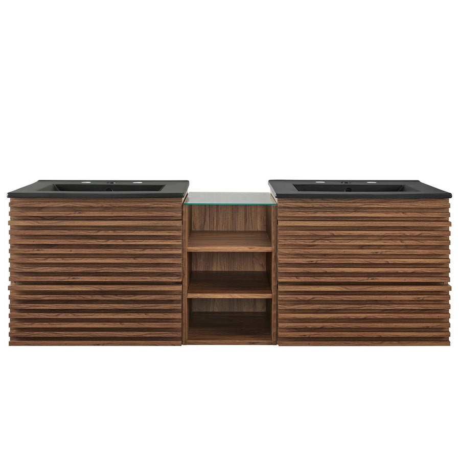 Vera 62" Wall-Mount Double Sink Bathroom Vanity in Walnut Black