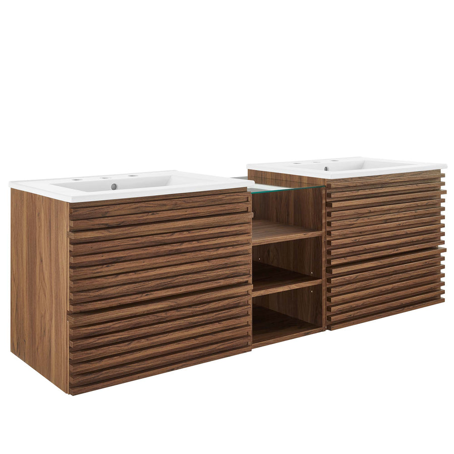 Vera 62" Wall-Mount Double Sink Bathroom Vanity in Walnut White
