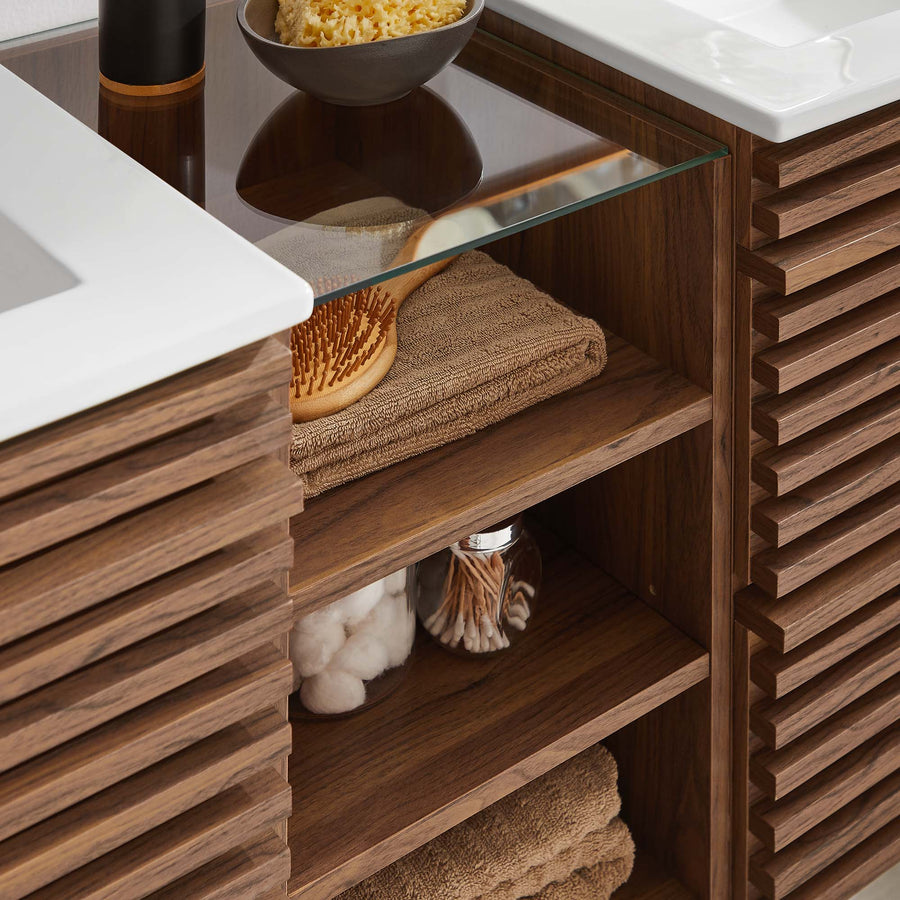 Vera 62" Wall-Mount Double Sink Bathroom Vanity in Walnut White