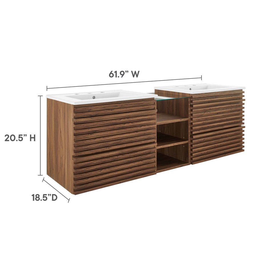 Vera 62" Wall-Mount Double Sink Bathroom Vanity in Walnut White
