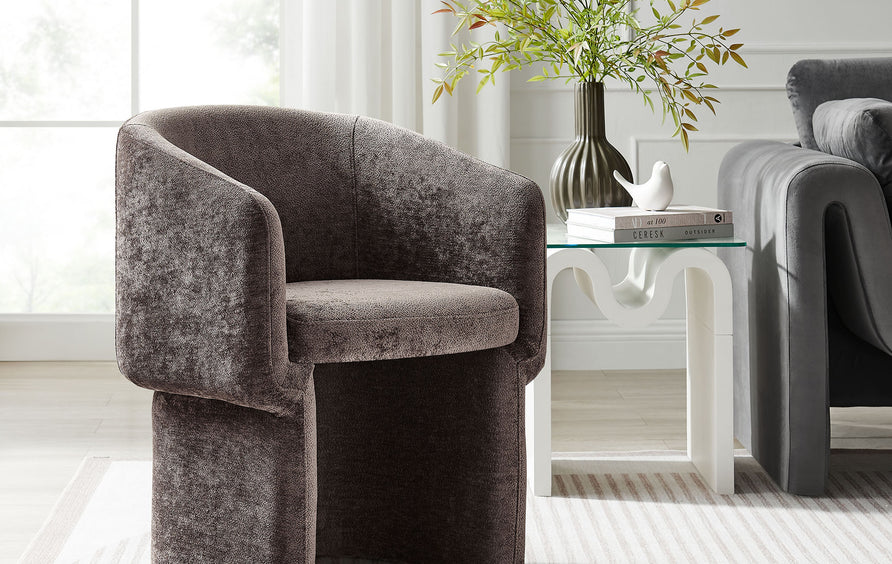 Halle Barrel Back Chenille Dining Armchair in Chocolate Brown