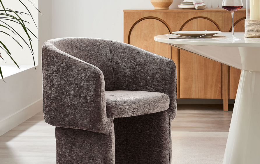 Halle Barrel Back Chenille Dining Armchair in Chocolate Brown