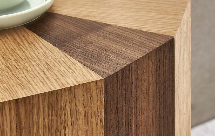 Lund Two-Toned Wood Veneer Side Table in Oak Walnut