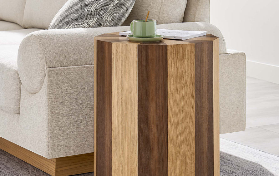 Lund Two-Toned Wood Veneer Side Table in Oak Walnut