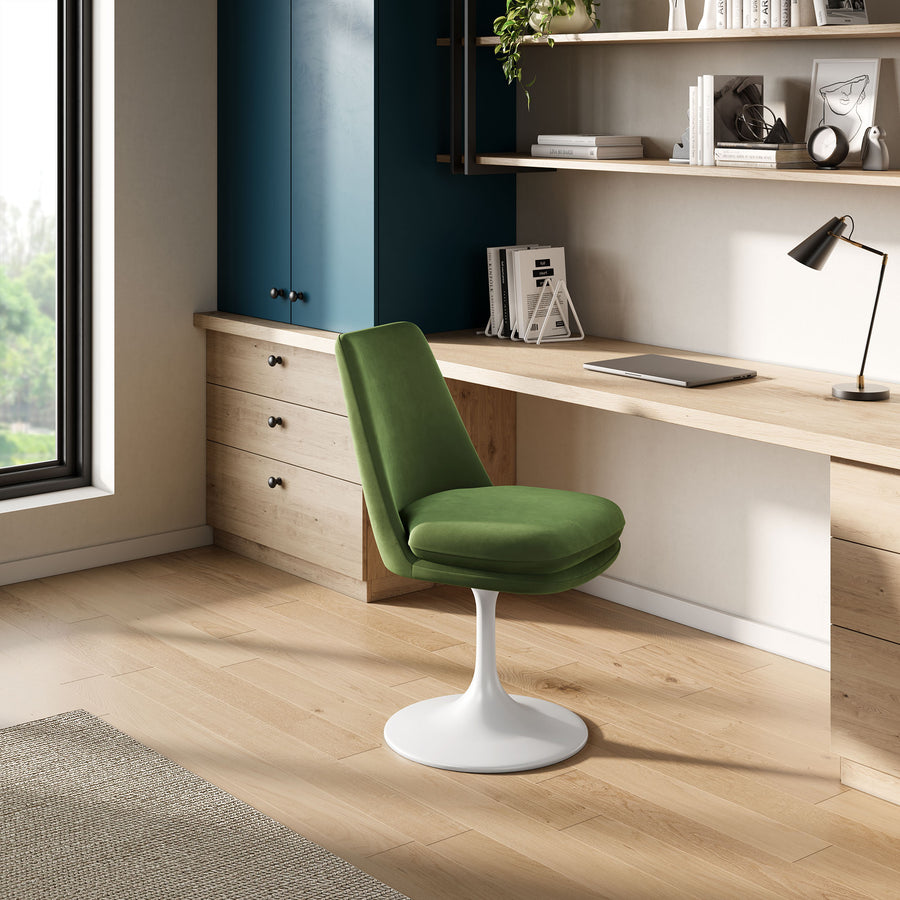 Lumen Swivel Dining Performance Velvet Side Chair in White Moss Green