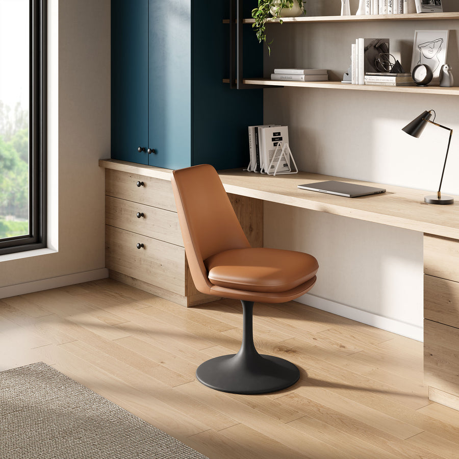 Lumen Swivel Dining Vegan Leather Side Chair in Black Tan