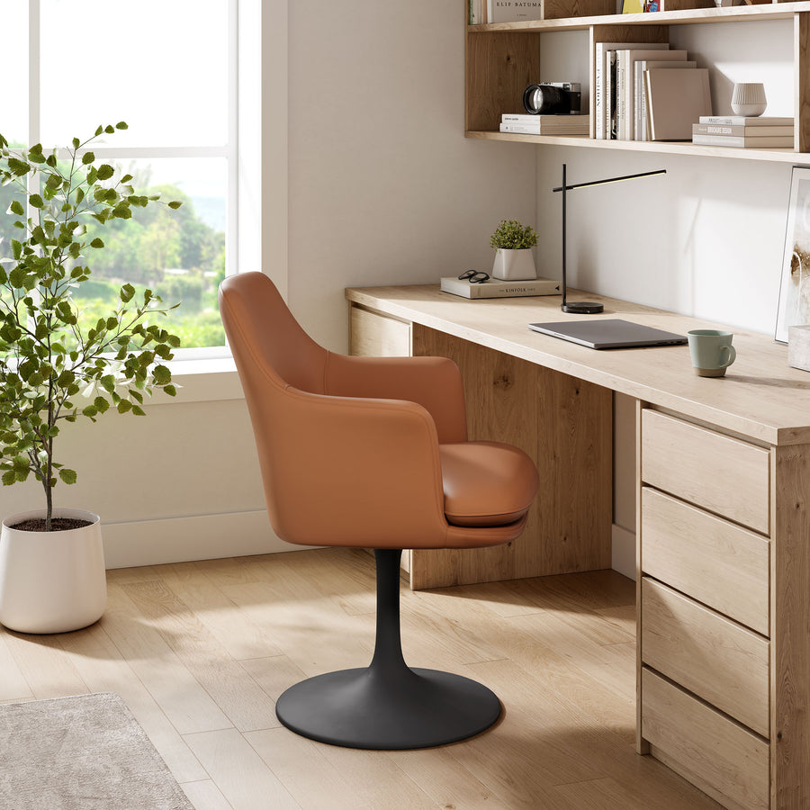 Lumen Swivel Dining Vegan Leather Armchair in Black Tan