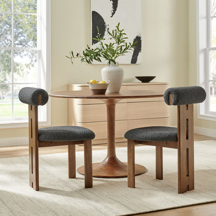 Torian Boucle Fabric Dining Chair Set of 2 in Walnut Charcoal