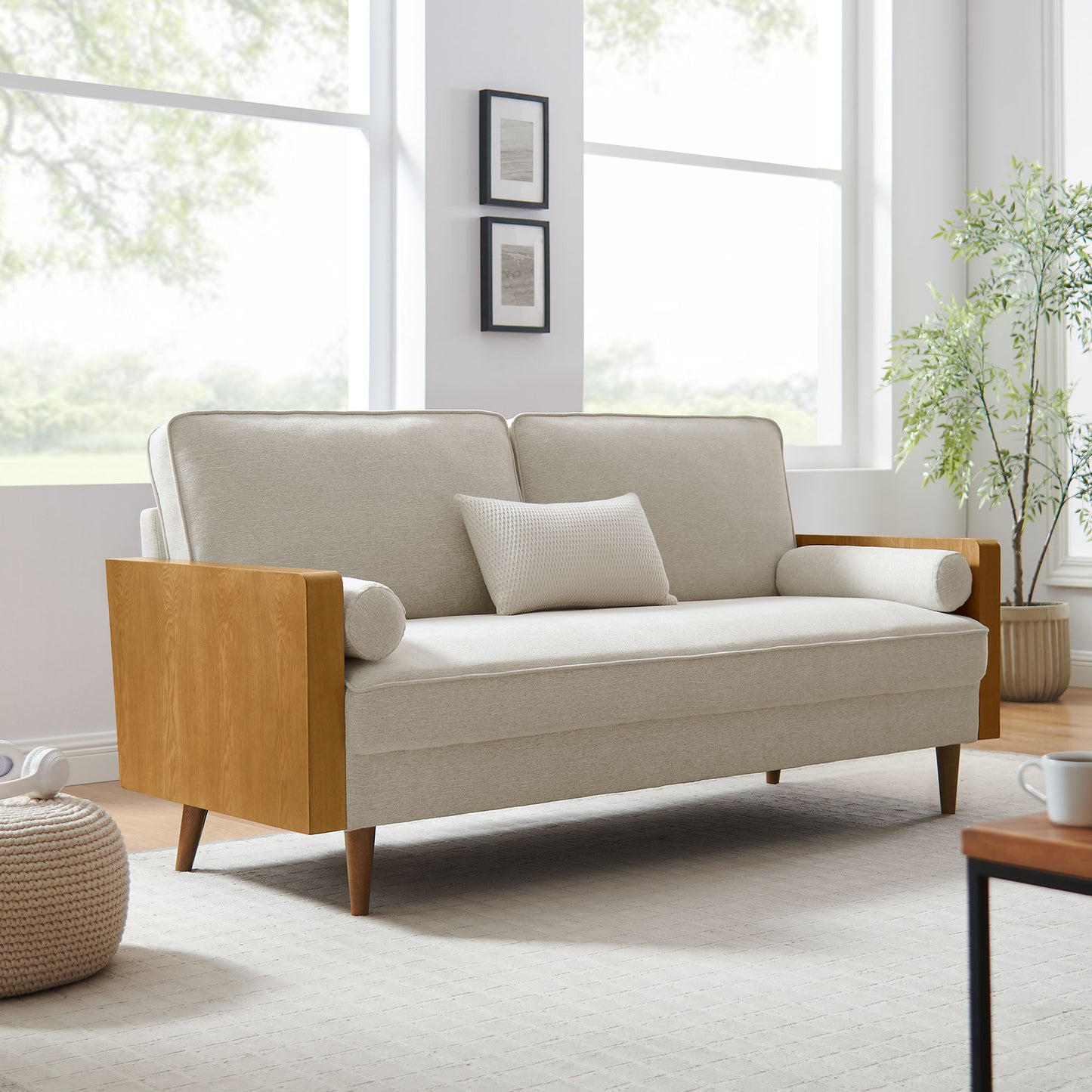 Brook Heathered Fabric Upholstered Sofa in Walnut Heathered Weave Light Beige