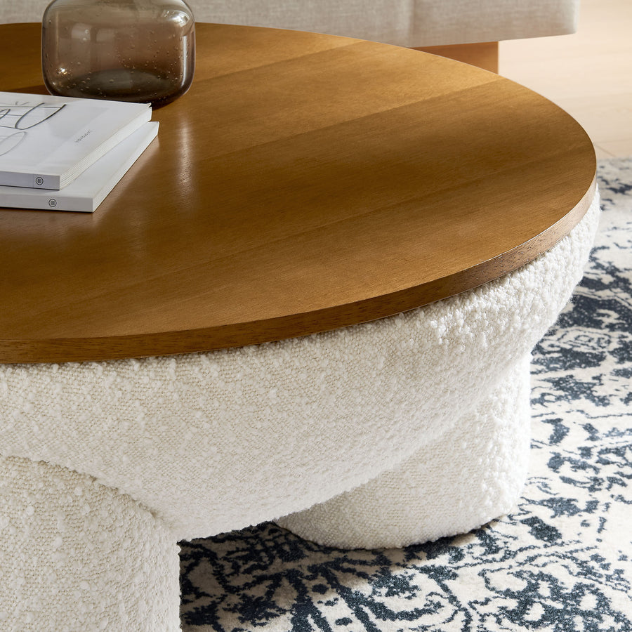 Visby Round Boucle Upholstered Storage Coffee Table in Natural Ivory