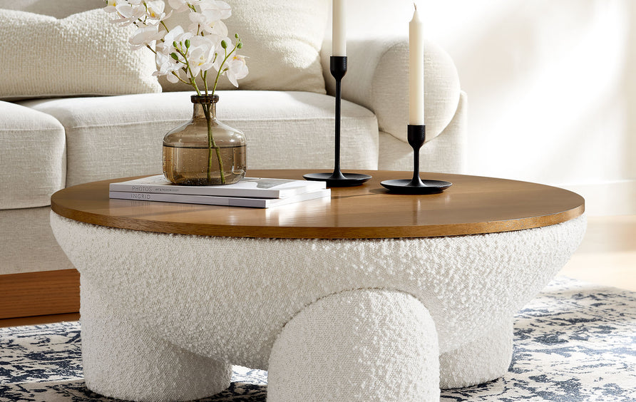 Visby Round Boucle Upholstered Storage Coffee Table in Natural Ivory