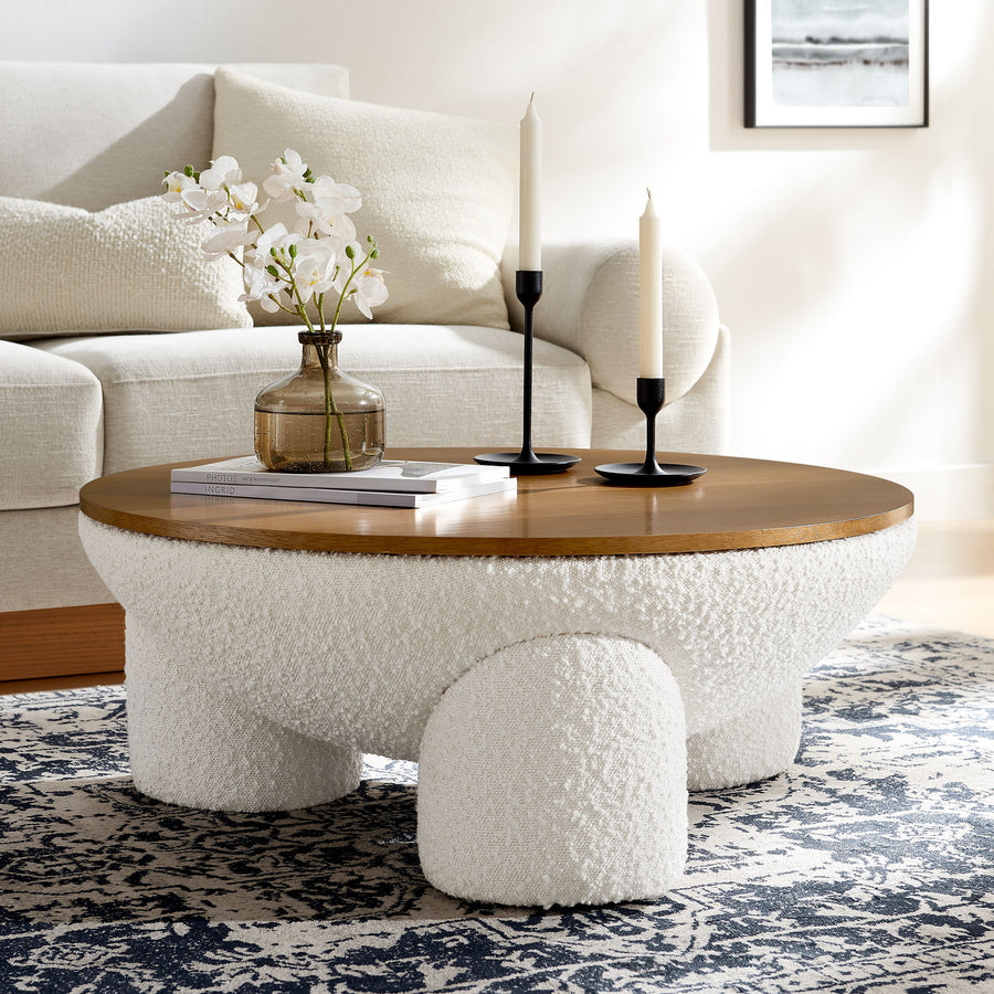 Visby Round Boucle Upholstered Storage Coffee Table in Natural Ivory