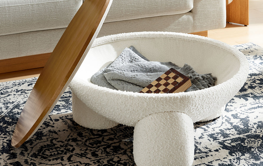 Visby Round Boucle Upholstered Storage Coffee Table in Natural Ivory