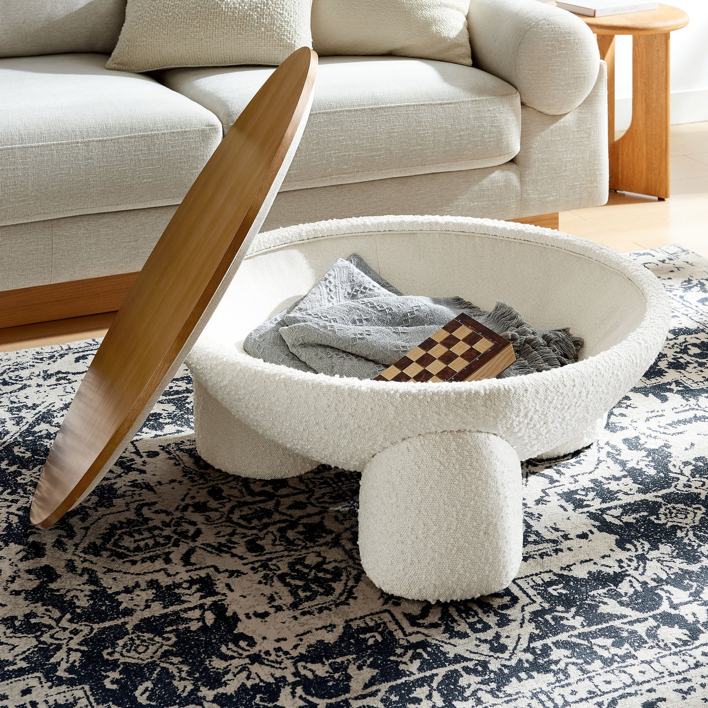 Tridome Round Boucle Upholstered Storage Coffee Table by Furniture For America