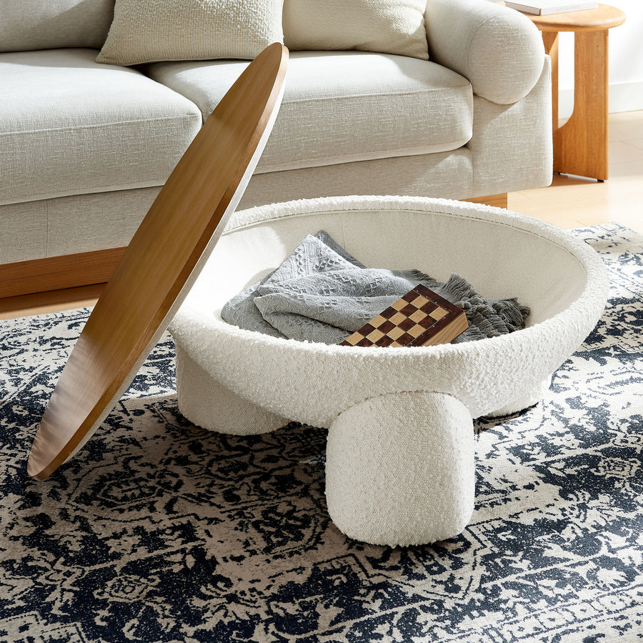 Visby Round Boucle Upholstered Storage Coffee Table in Natural Ivory