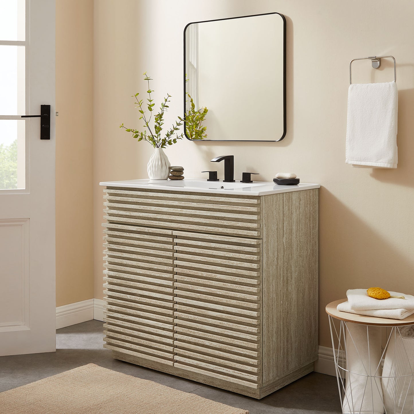 Render 36" Faux Travertine Bathroom Vanity Cabinet (Sink Not Included) by Furniture For America