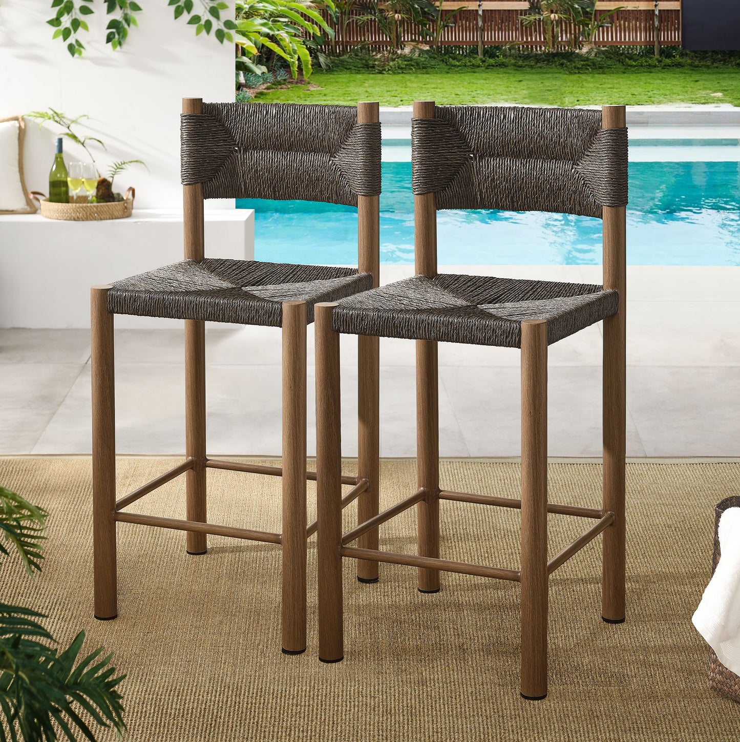 Parkland Outdoor Patio Rattan and Aluminum Counter Stools Set of 2 by Furniture For America