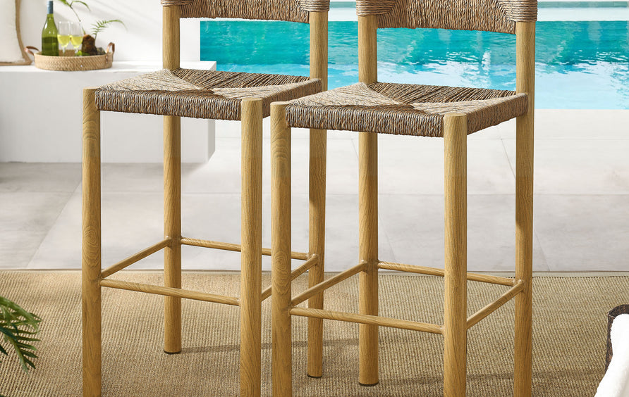 Loft Outdoor Patio Rattan and Aluminum Bar Stools Set of 2 in Natural