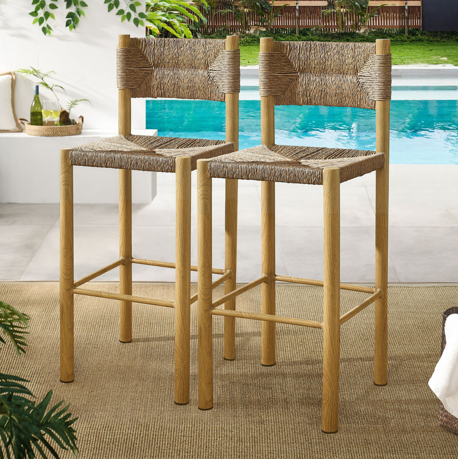 Loft Outdoor Patio Rattan and Aluminum Bar Stools Set of 2 in Natural