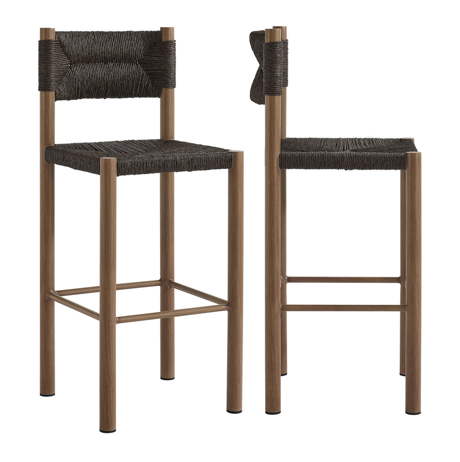 Loft Outdoor Patio Rattan and Aluminum Bar Stools Set of 2 in Walnut