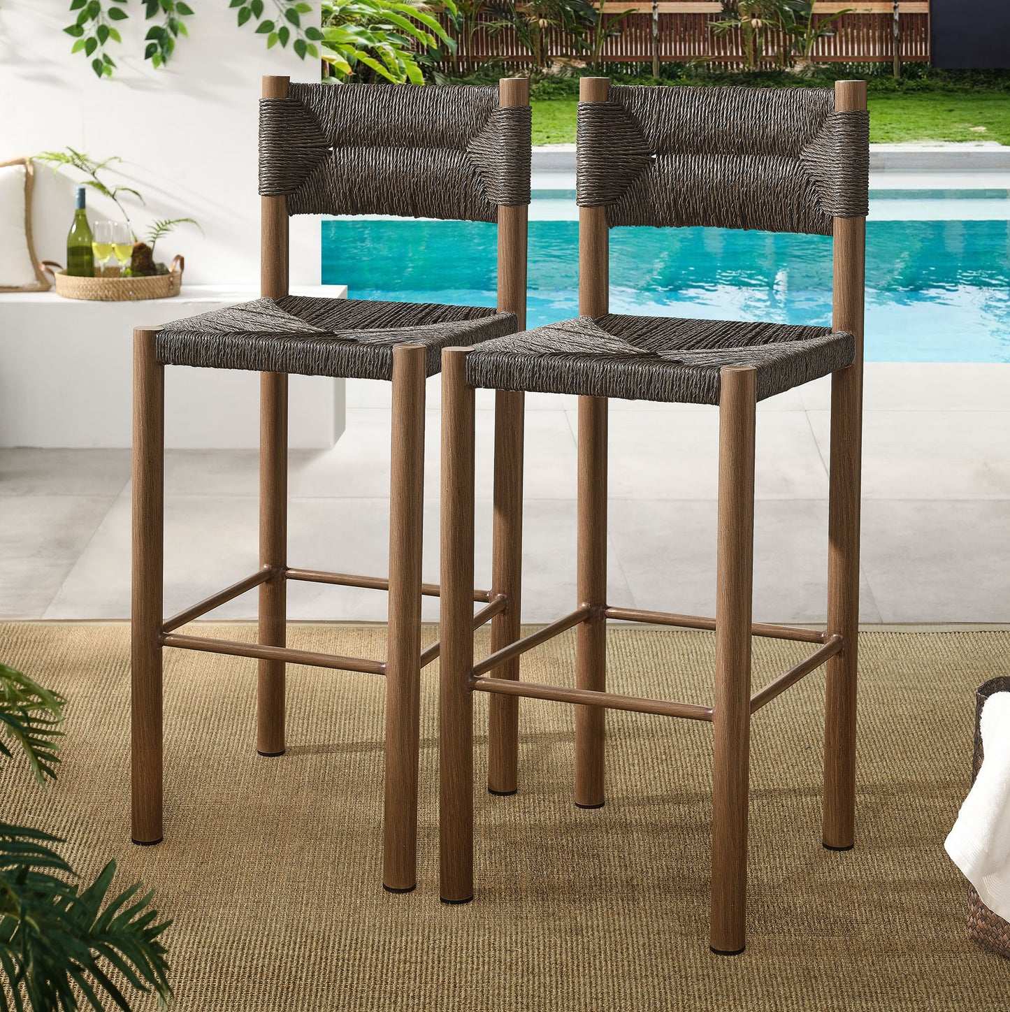 Loft Outdoor Patio Rattan and Aluminum Bar Stools Set of 2 in Walnut