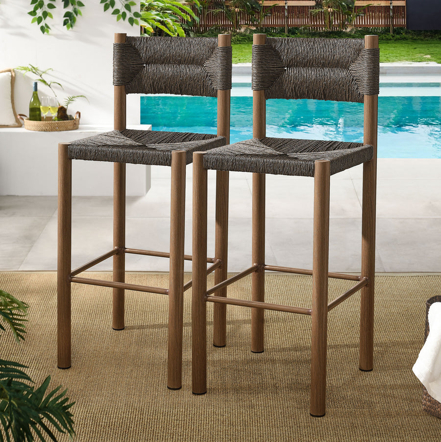 Loft Outdoor Patio Rattan and Aluminum Bar Stools Set of 2 in Walnut