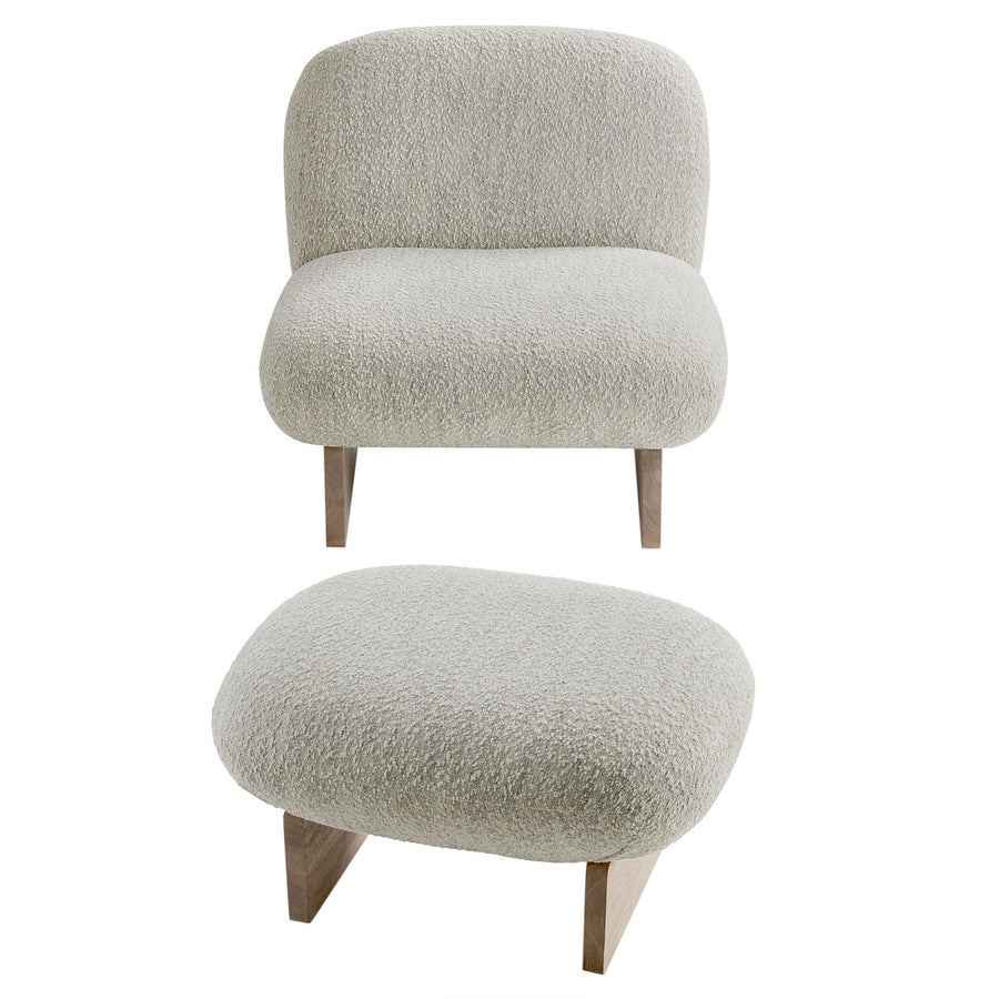 Sitges Boucle Fabric Accent Chair and Ottoman Set in Pearl Oak