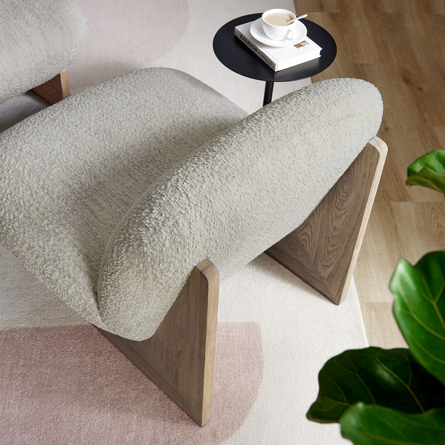 Sitges Boucle Fabric Accent Chair and Ottoman Set in Pearl Oak