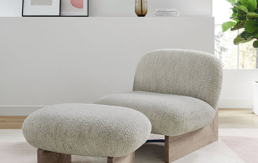 Sitges Boucle Fabric Accent Chair and Ottoman Set in Pearl Oak