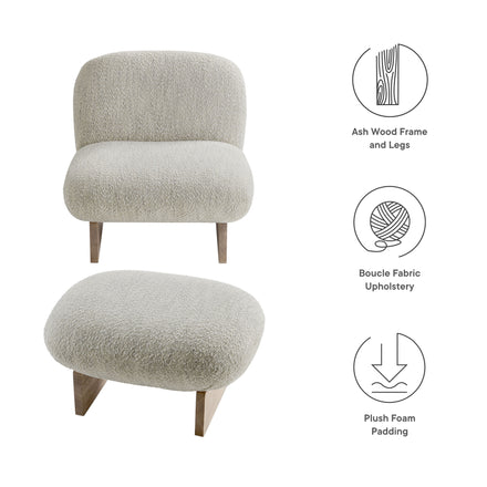 Loyal Boucle Fabric Accent Chair and Ottoman Set in Pearl Oak