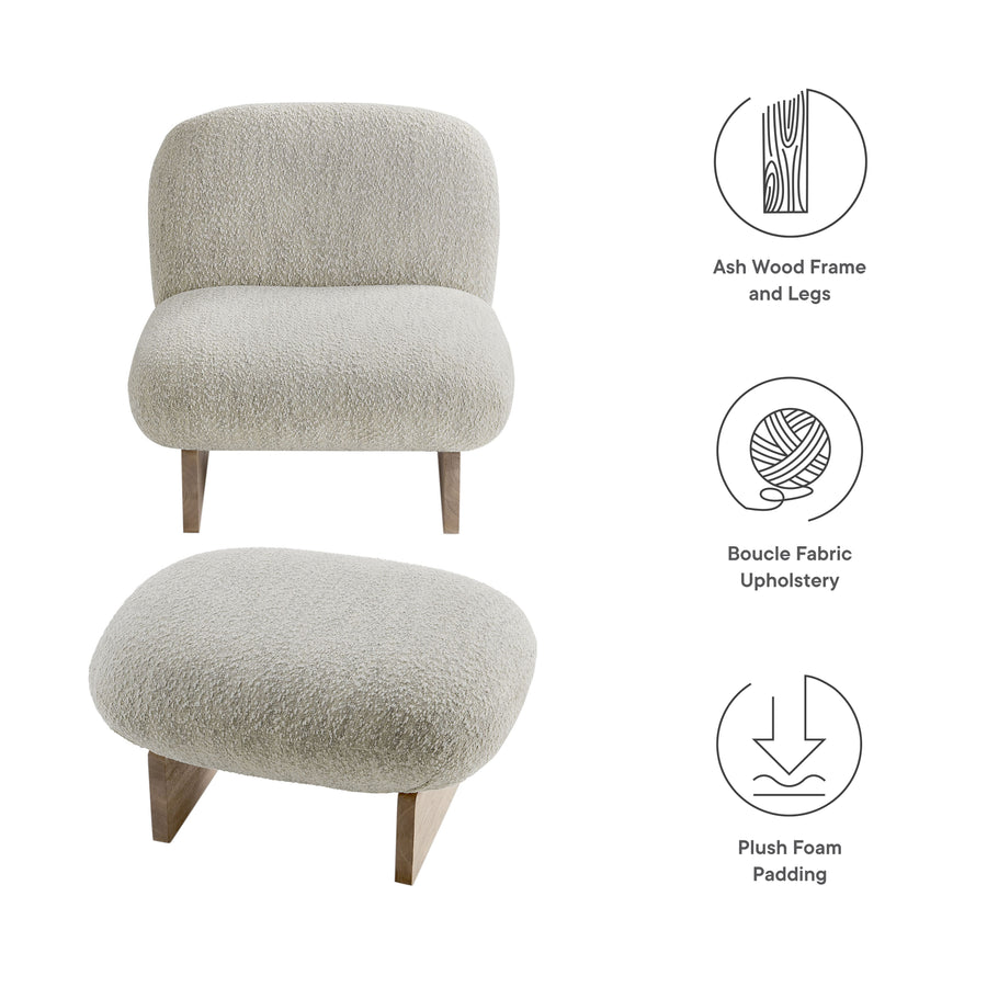 Sitges Boucle Fabric Accent Chair and Ottoman Set in Pearl Oak