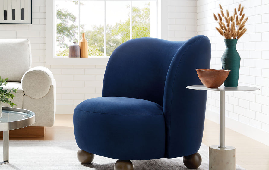 Quillan Performance Velvet Accent Chair in Midnight Blue Walnut