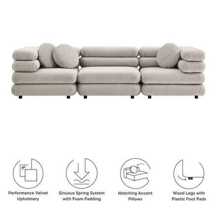 Jubilee 3-Piece Modular Performance Velvet Sectional Sofa in Almond