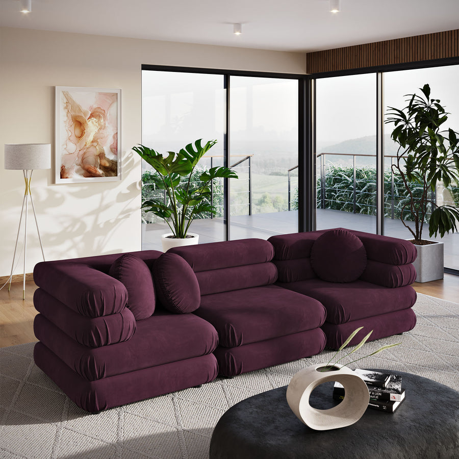Beckett 3-Piece Modular Performance Velvet Sectional Sofa in Mulberry