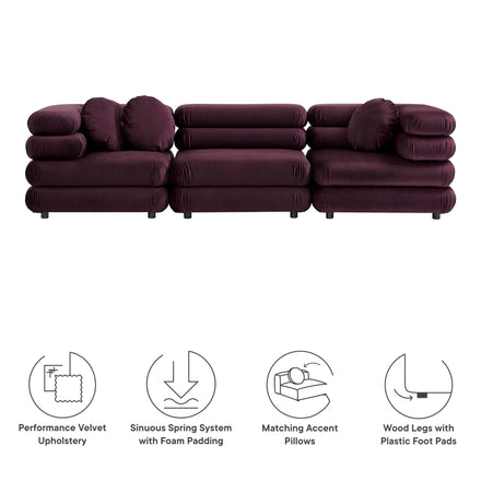 Jubilee 3-Piece Modular Performance Velvet Sectional Sofa in Mulberry